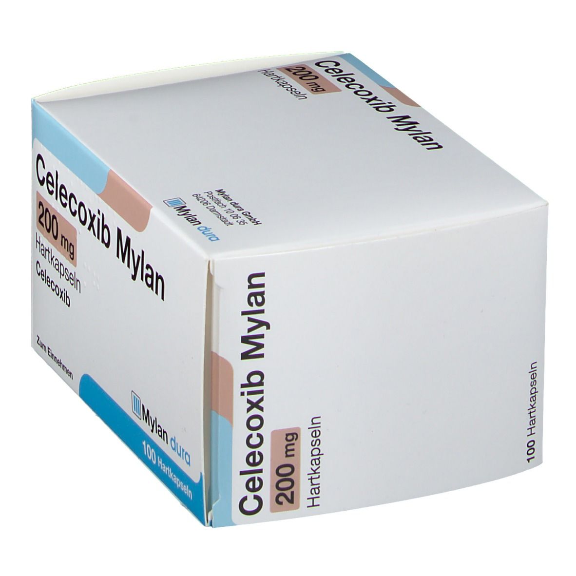 Schachtel Celecoxib Mylan 200 mg Hartkapseln. Weiße Verpackung mit blauen und hellbraunen Akzenten. Text: Mylan, 100 Hartkapseln.