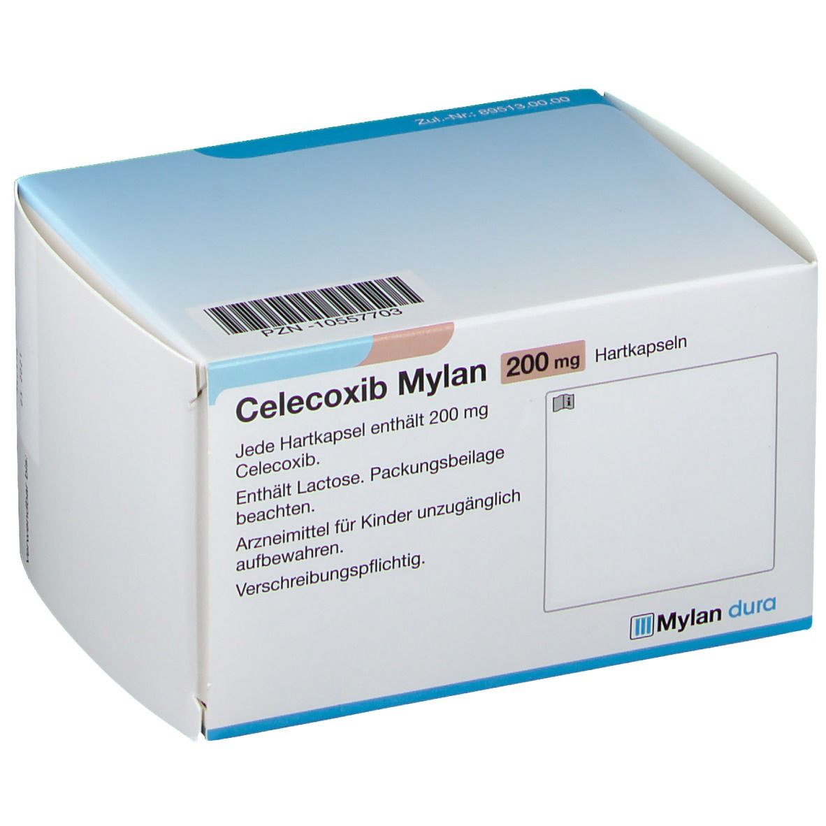 Schachtel Celecoxib Mylan 200 mg Hartkapseln. Weiße Verpackung mit blauen Akzenten. Text: Mylan, 100 Hartkapseln. Beipackzettel.