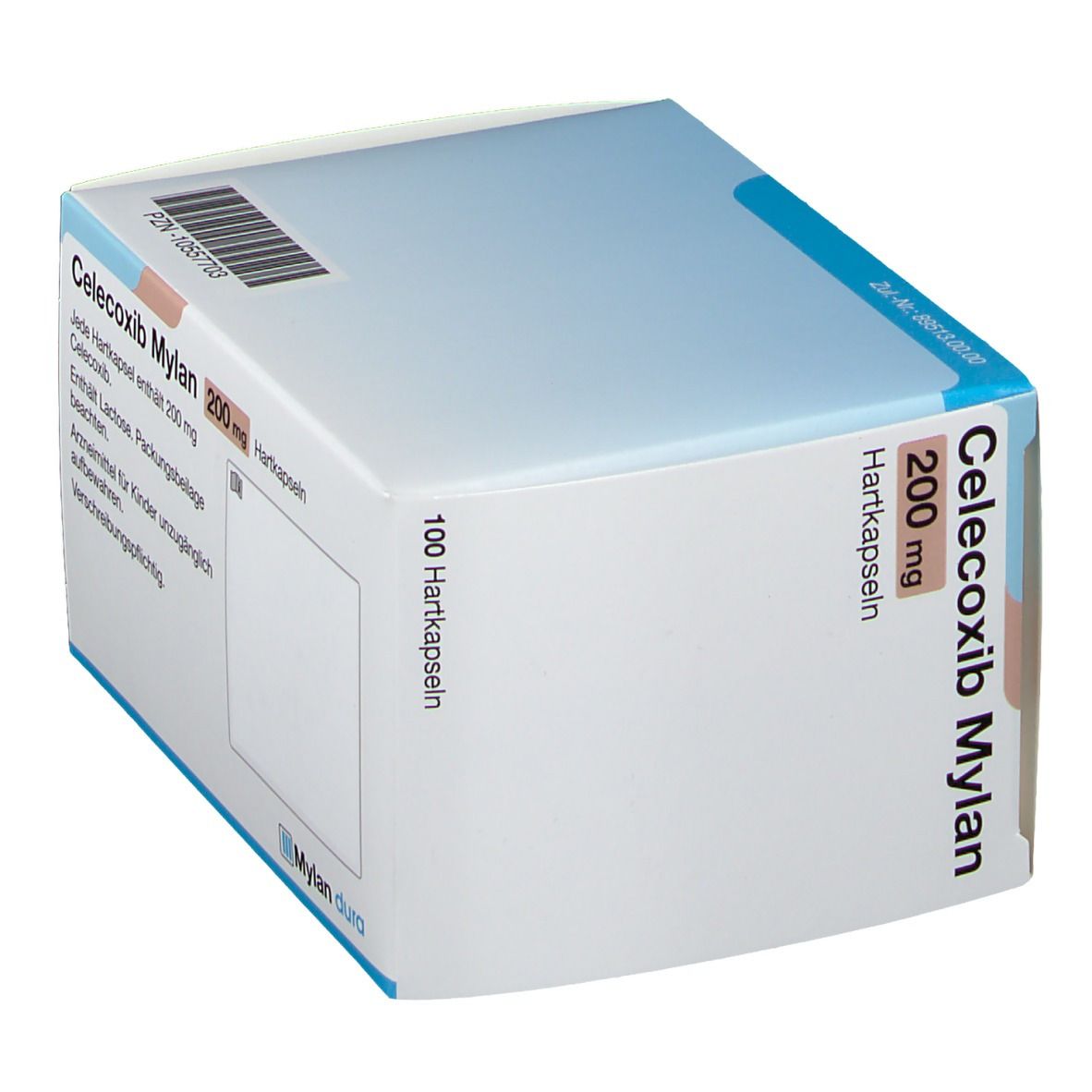 Schachtel Celecoxib Mylan 200 mg Hartkapseln. Weiße Verpackung mit blauen Akzenten. Text: Mylan, 100 Hartkapseln. Barcode.