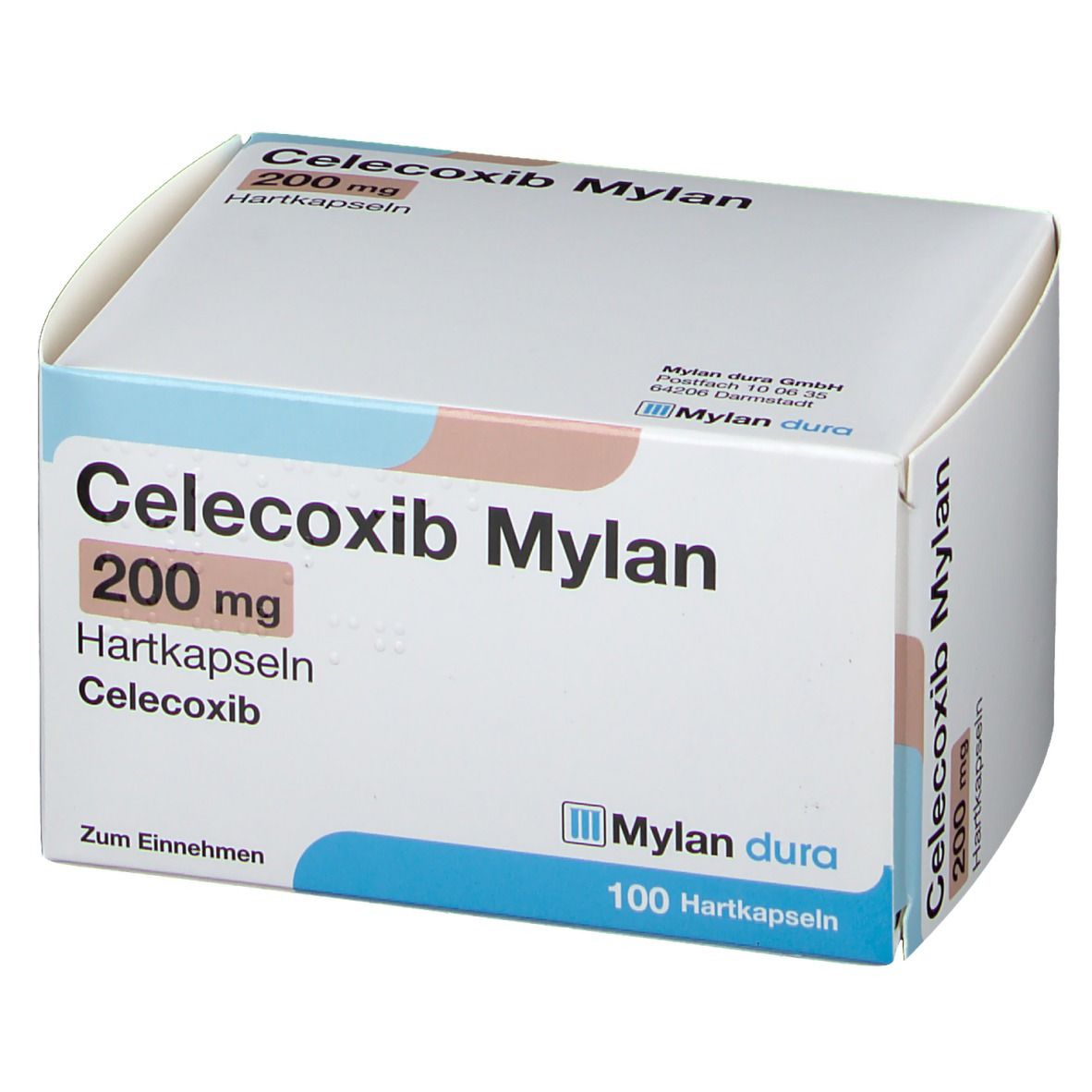 Schachtel Celecoxib Mylan 200 mg Hartkapseln. Weiße Verpackung mit blauen und hellbraunen Akzenten. Text: Mylan, 100 Hartkapseln.