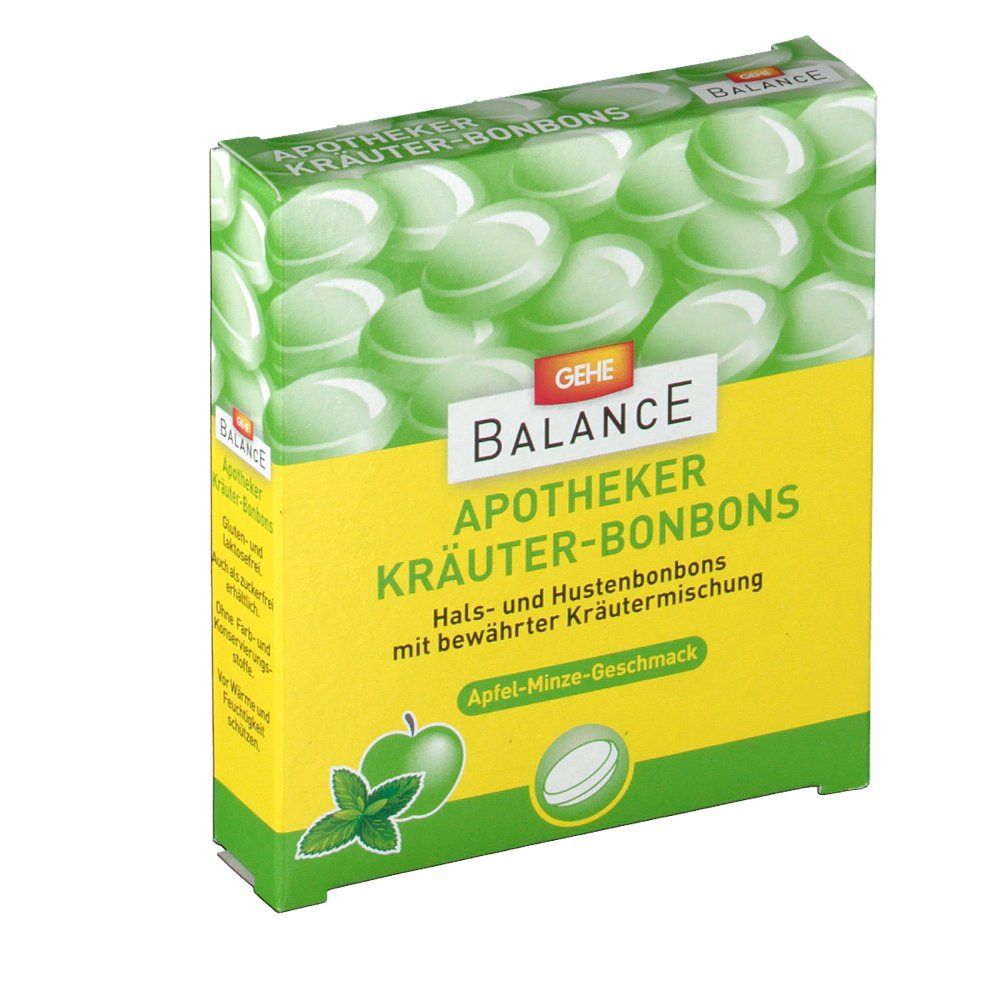 Verpackung mit grünen Bonbons. Aufschrift: GEHE BALANCE Apotheker Kräuter-Bonbons Apfel-Minze. Grün-gelbe Verpackung mit Apfel- und Minze-Illustrationen.