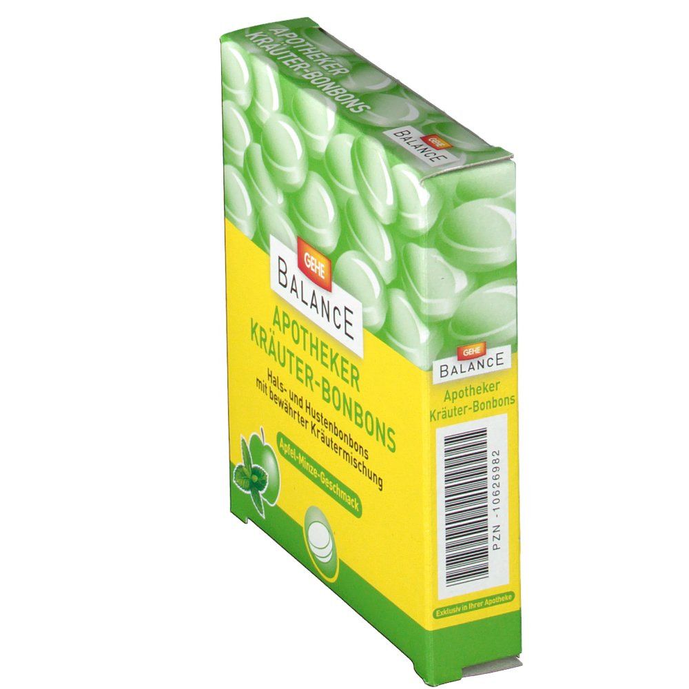 Schrägansicht der Verpackung. Aufschrift: GEHE BALANCE Apotheker Kräuter-Bonbons. Grün-gelbe Verpackung mit Bonbon-Illustrationen und Produktnamen.