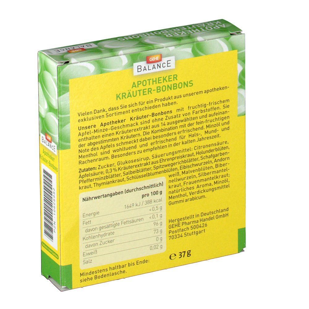 Rückseite der Verpackung. Text: Nährwertangaben, Zutaten, Hersteller. Grün-gelbe Verpackung mit Produktinformationen und Text.