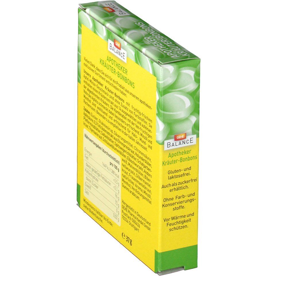 Seitenansicht der Verpackung. Text: Gluten- und laktosefrei, ohne Farb- und Konservierungsstoffe. Grün-gelbe Verpackung mit Produktinformationen.