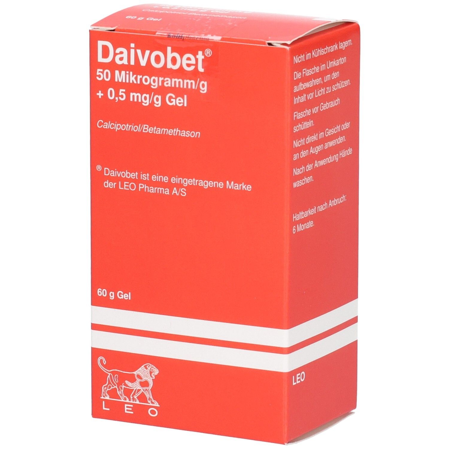 Rote Verpackung mit weißem Text: Daivobet 50 Mikrogramm/g + 0,5 mg/g Gel. Enthält Calcipotriol/Betamethason.