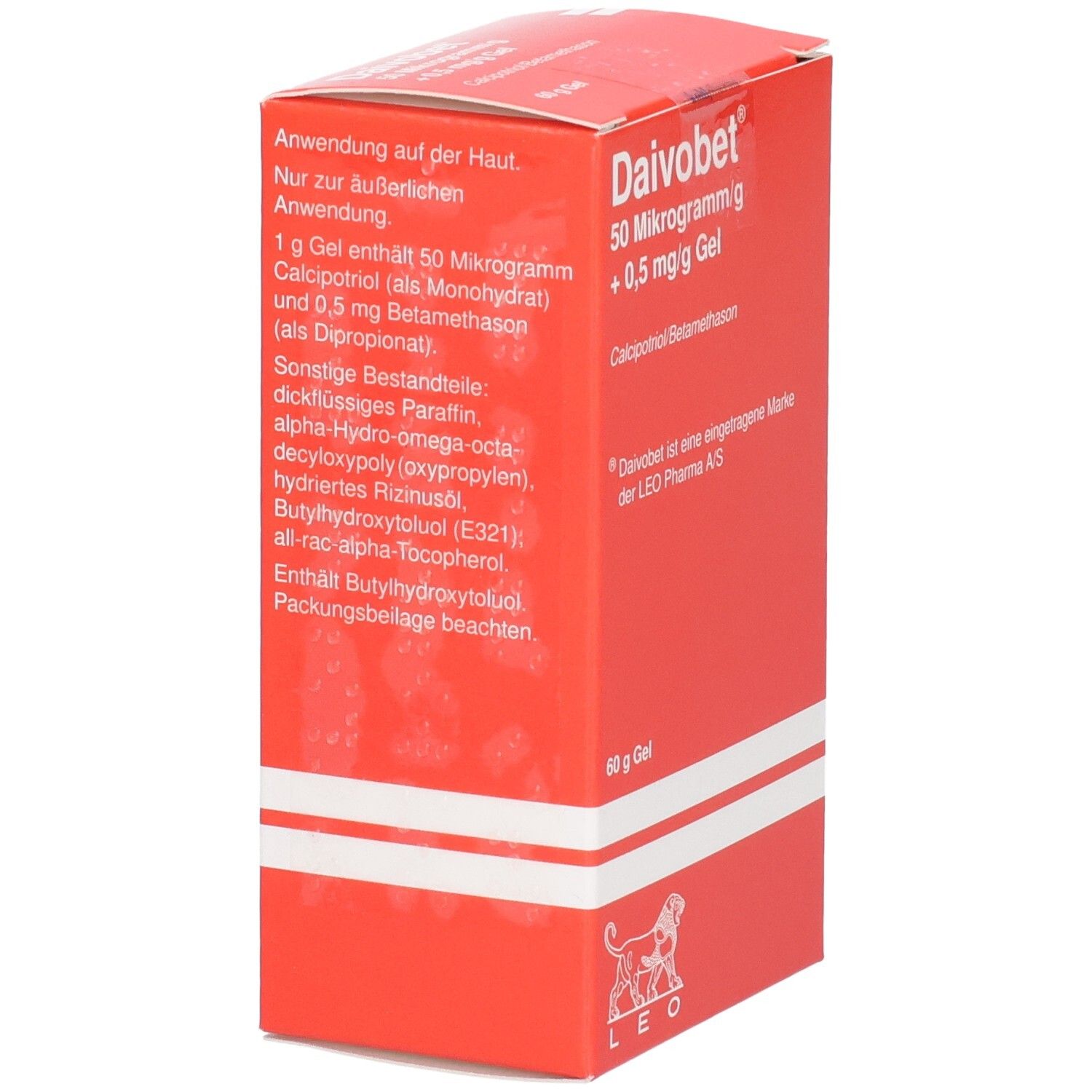 Rückseite einer roten Daivobet-Gel-Verpackung mit Anwendungshinweisen und Inhaltsstoffen.