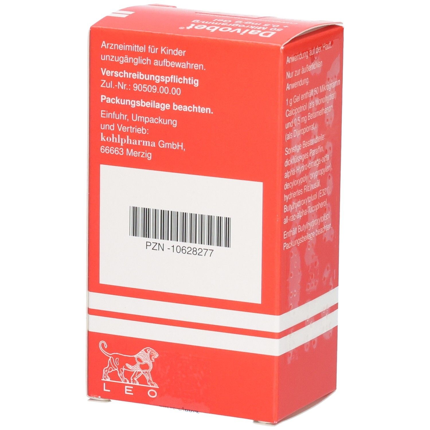 Seitenansicht einer roten Daivobet-Gel-Verpackung mit PZN-Nummer und Herstellerinformationen.