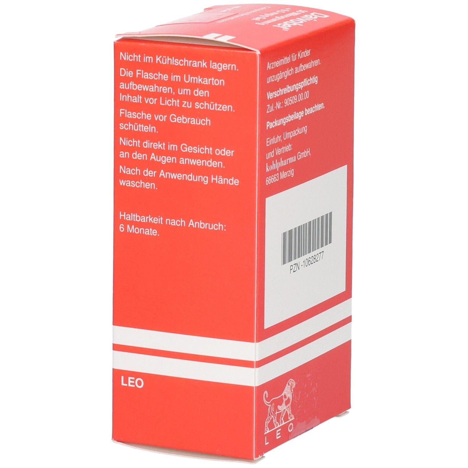 Seitenansicht einer roten Daivobet-Gel-Verpackung mit Lagerungs- und Anwendungshinweisen.
