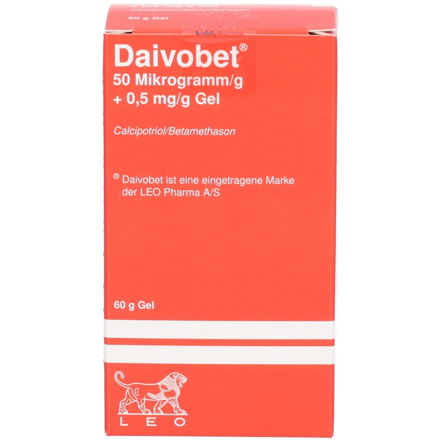 Vorderseite einer roten Daivobet-Gel-Verpackung mit Produktbezeichnung und Wirkstoffen.