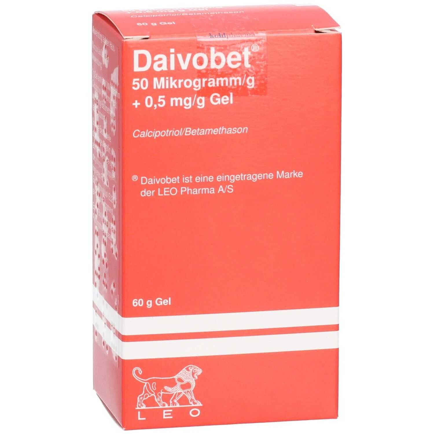 Rote Verpackung mit weißem Text: Daivobet 50 Mikrogramm/g + 0,5 mg/g Gel. Enthält Calcipotriol/Betamethason.