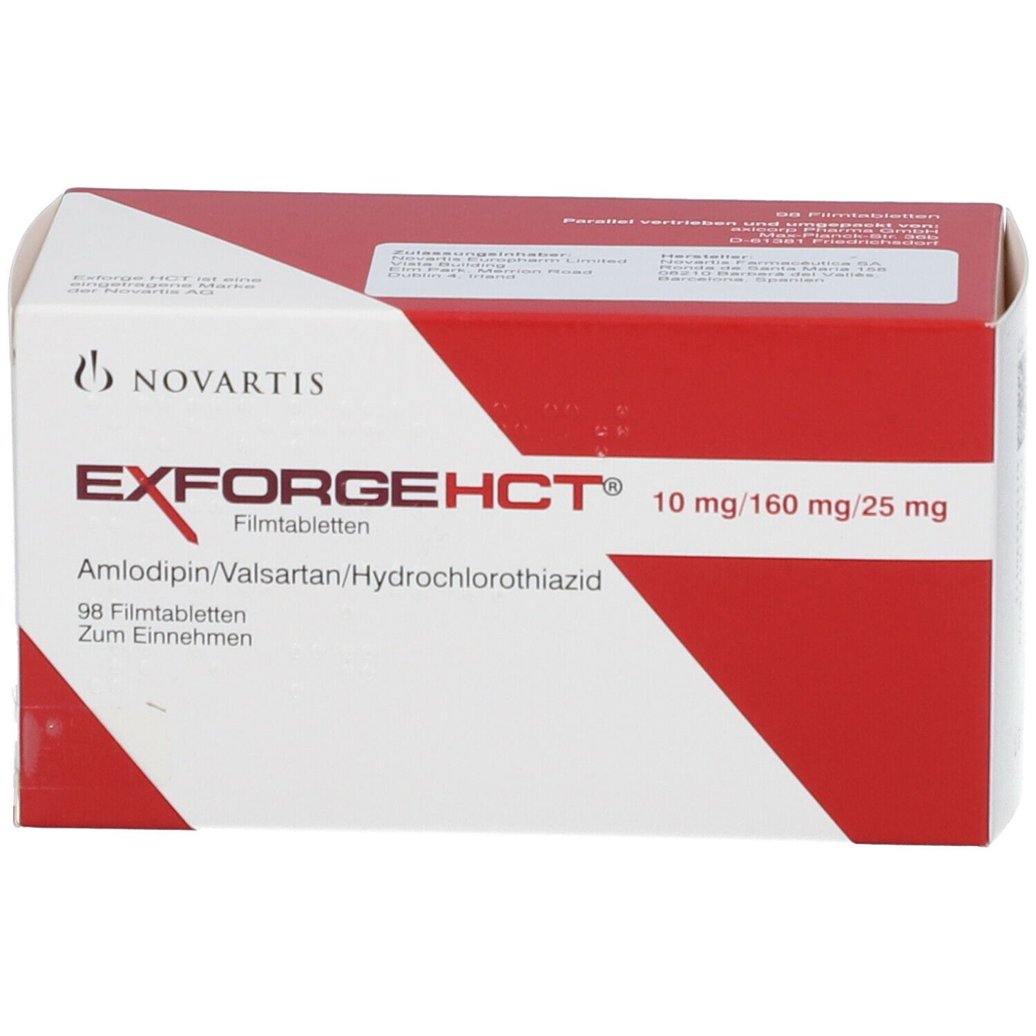 Schachtel EXFORGEHCT® 10 mg/160 mg/25 mg. Novartis Logo. Enthält 98 Filmtabletten. Rote und weiße Verpackung.