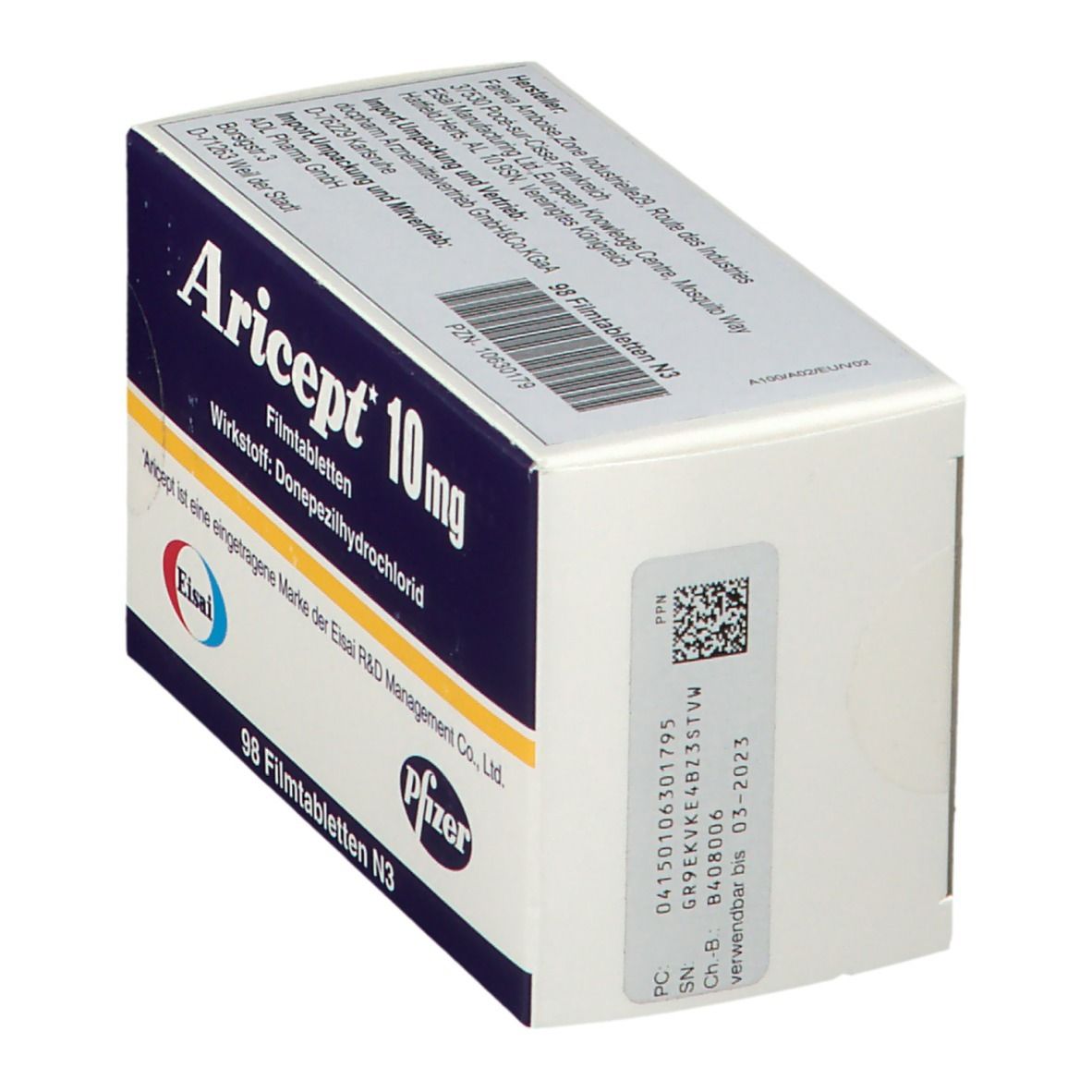 Aricept 10 mg-Verpackung, schräg. Blaue und weiße Schachtel mit Produktnamen und Barcode. Enthält 98 Filmtabletten.