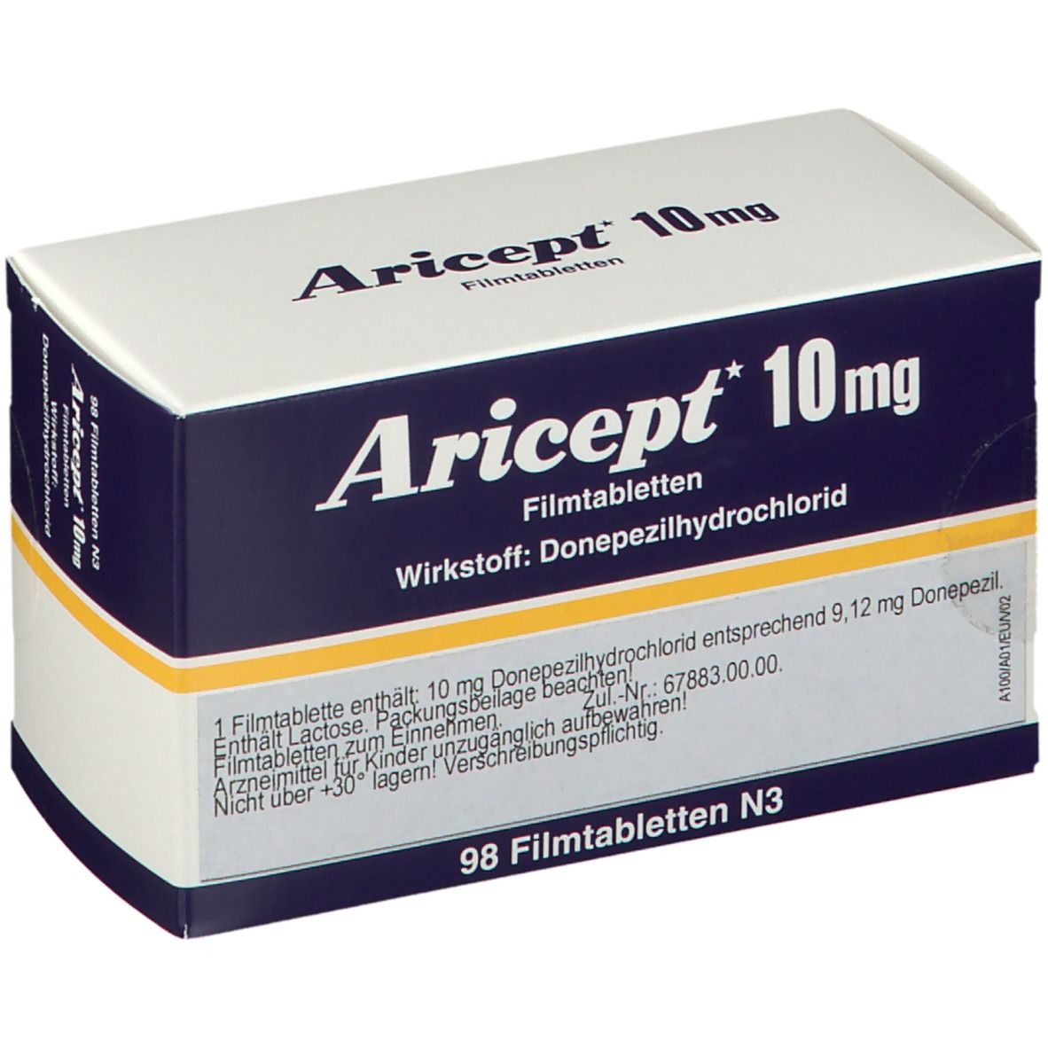 Aricept 10 mg-Verpackung, schräg. Blaue und weiße Schachtel mit Produktnamen und Wirkstoff. Enthält 98 Filmtabletten.
