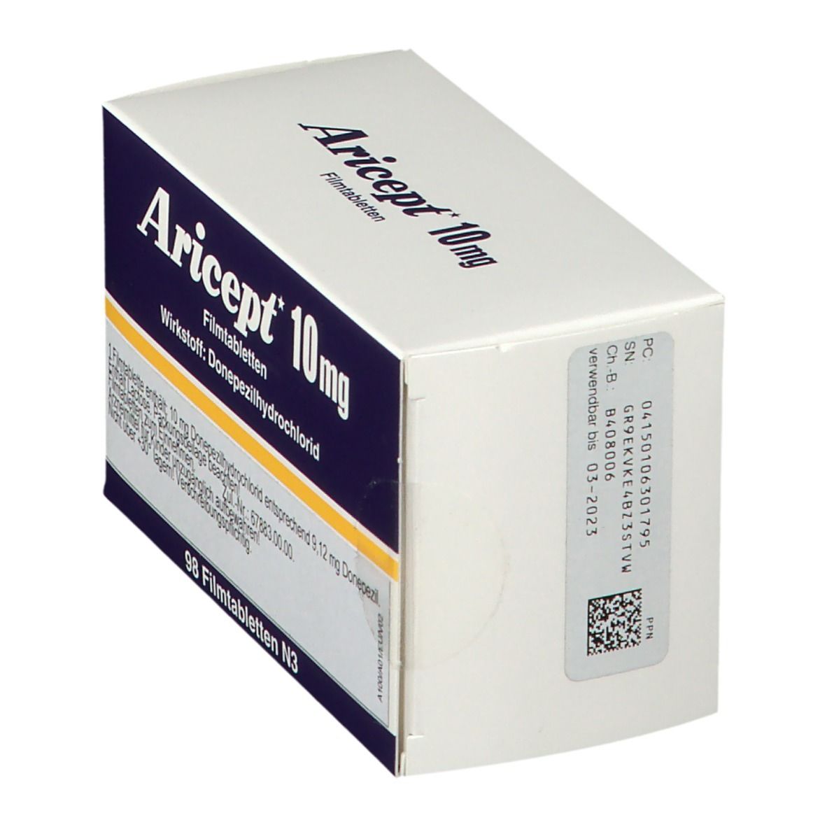 Aricept 10 mg-Verpackung, schräg. Blaue und weiße Schachtel mit Produktnamen und Barcode. Enthält 98 Filmtabletten.