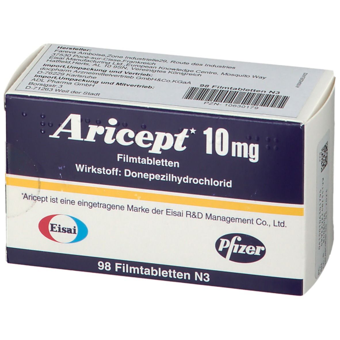 Aricept 10 mg-Verpackung. Blaue und weiße Schachtel mit Produktnamen und Wirkstoff. Enthält 98 Filmtabletten.