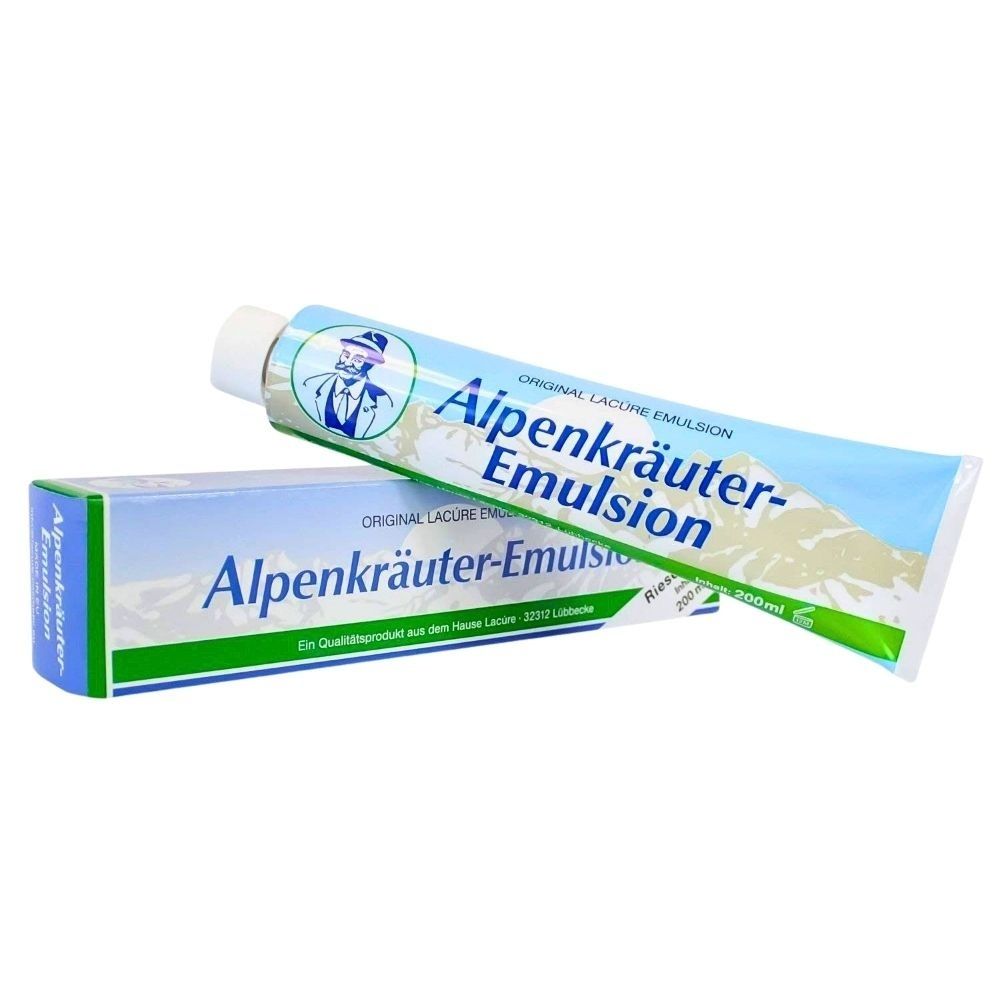 Lacúre Alpenkräuter-Emulsion Tube und Faltschachtel mit Bergmotiv.