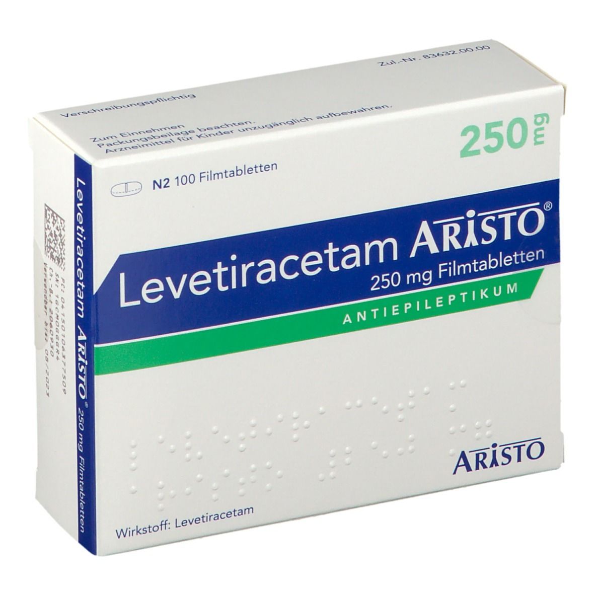 Schachtel mit Levetiracetam Aristo 250 mg Filmtabletten. Blaue und grüne Akzente. Schriftzug: Antiepileptikum.