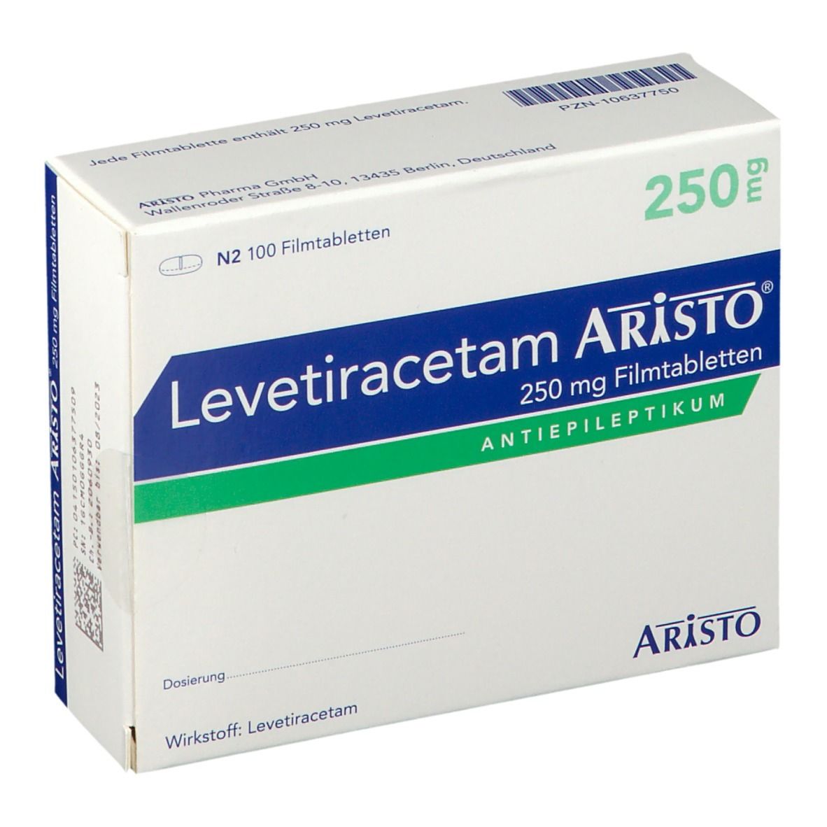 Schachtel Levetiracetam Aristo 250 mg. Blaue und grüne Akzente. Schriftzug: Antiepileptikum. Enthält 100 Filmtabletten.