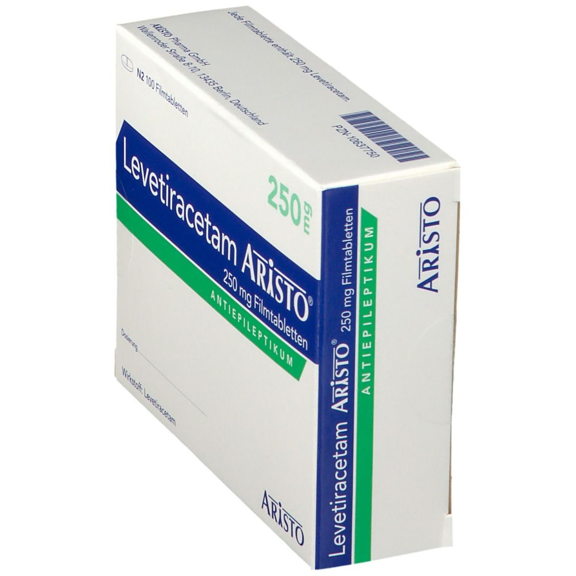 Schachtel Levetiracetam Aristo 250 mg, schräg. Blaue und grüne Akzente. Schriftzug: Antiepileptikum. 100 Filmtabletten.