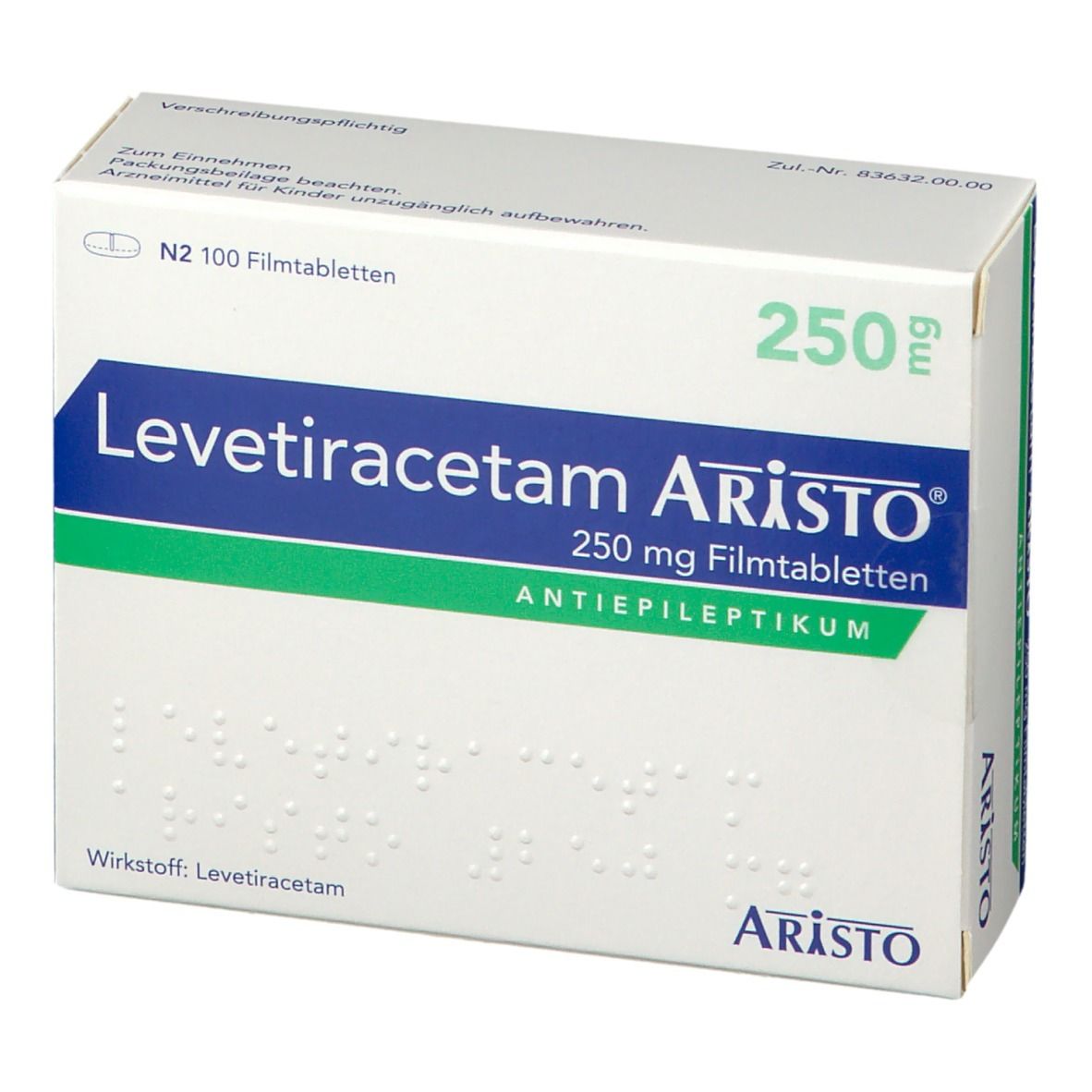 Schachtel Levetiracetam Aristo 250 mg. Blaue und grüne Akzente. Schriftzug: Antiepileptikum. Enthält 100 Filmtabletten.