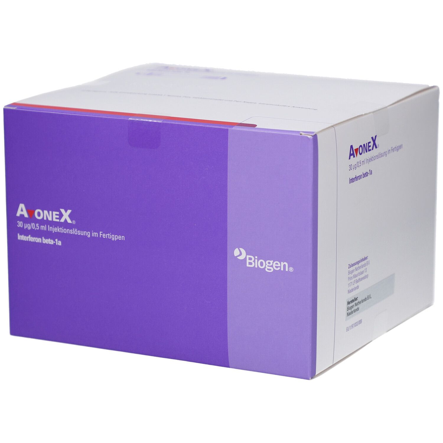 Karton mit lila Akzenten. Aufschrift: Avonex, 30 µg/0,5 ml Injektionslösung im Fertigpen. Biogen Logo.