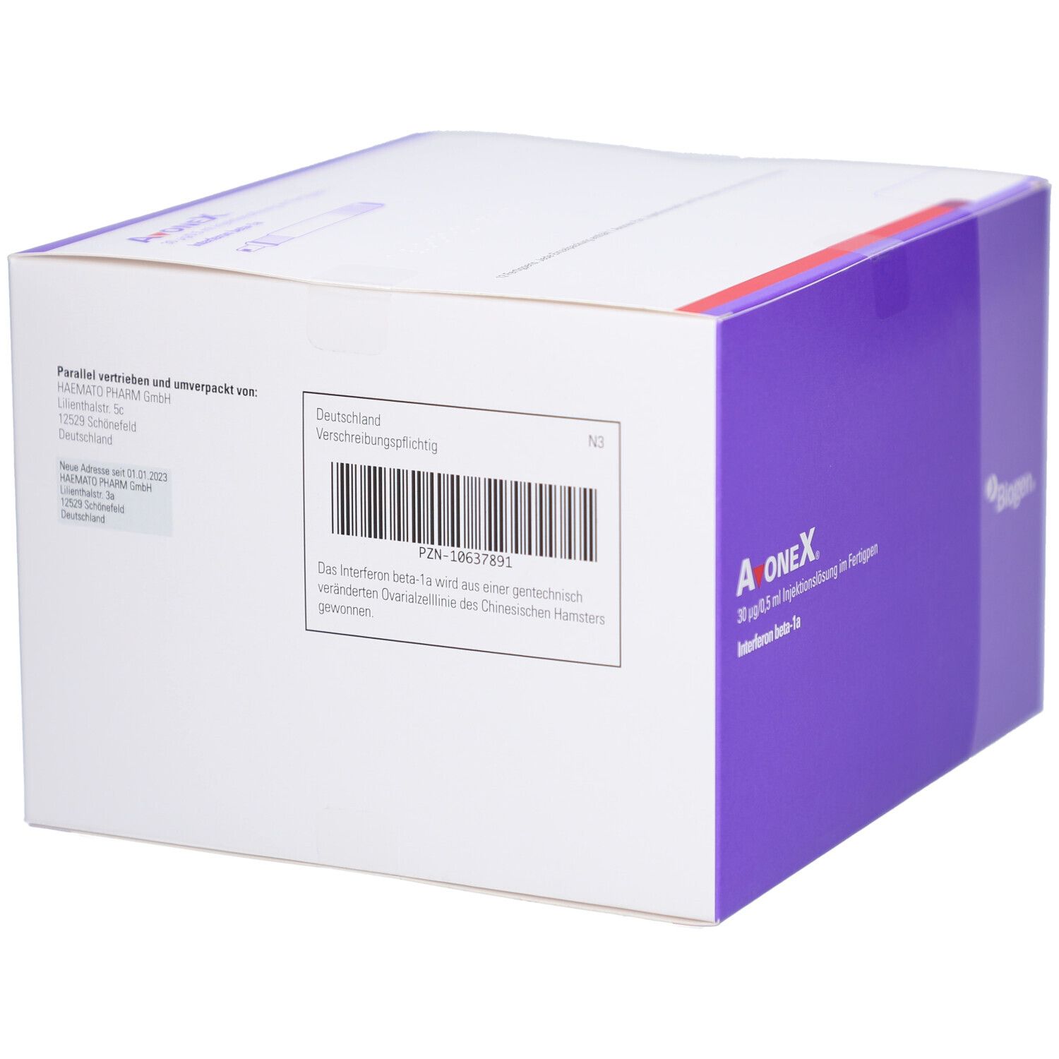 Karton, teilweise weiß, mit Barcode und Text. Aufschrift: Avonex. Herstellerinformationen und Biogen Logo.