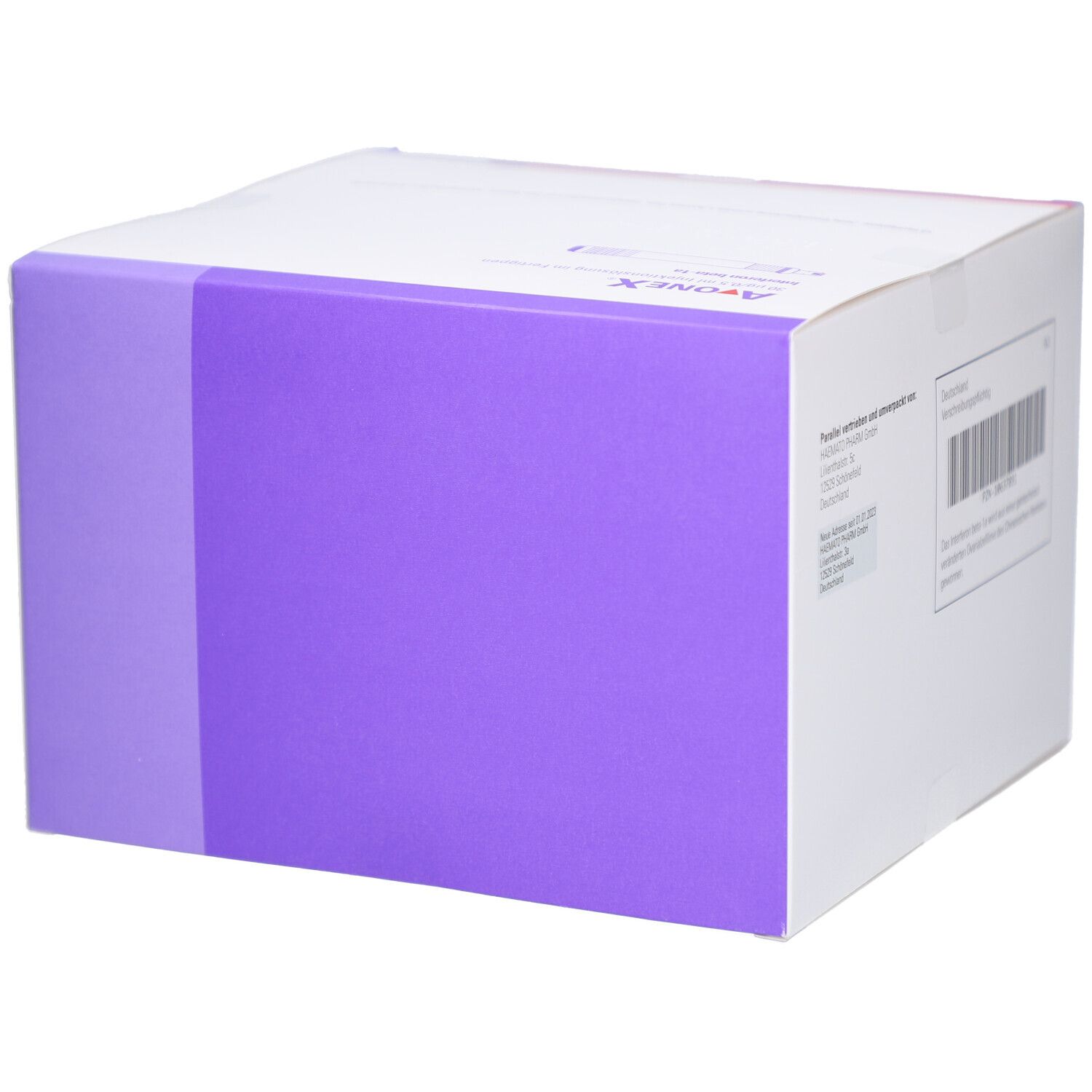 Karton mit lila Akzenten. Aufschrift: Avonex. Herstellerinformationen.