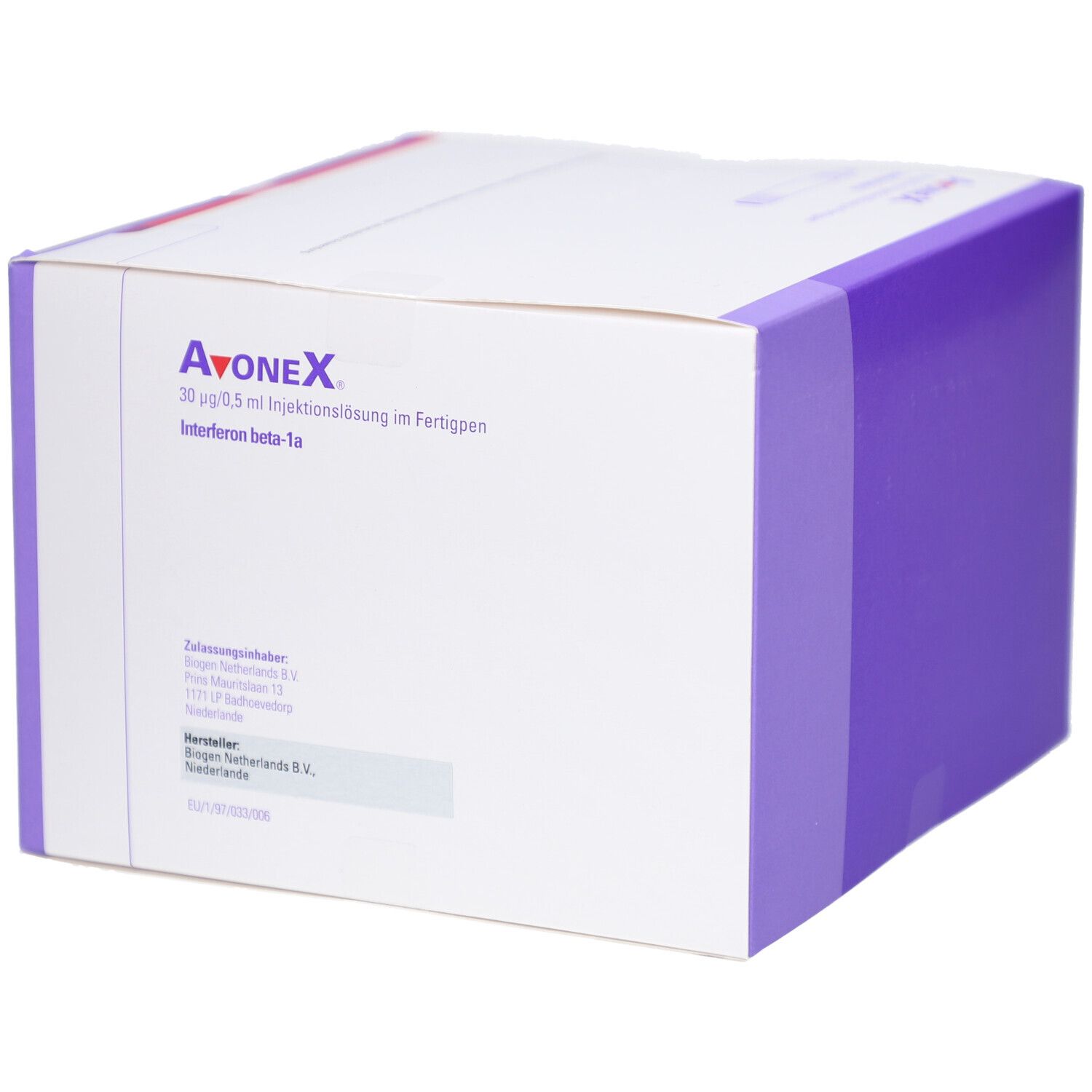 Karton mit lila Akzenten. Aufschrift: Avonex, 30 µg/0,5 ml Injektionslösung im Fertigpen. Herstellerinformationen.