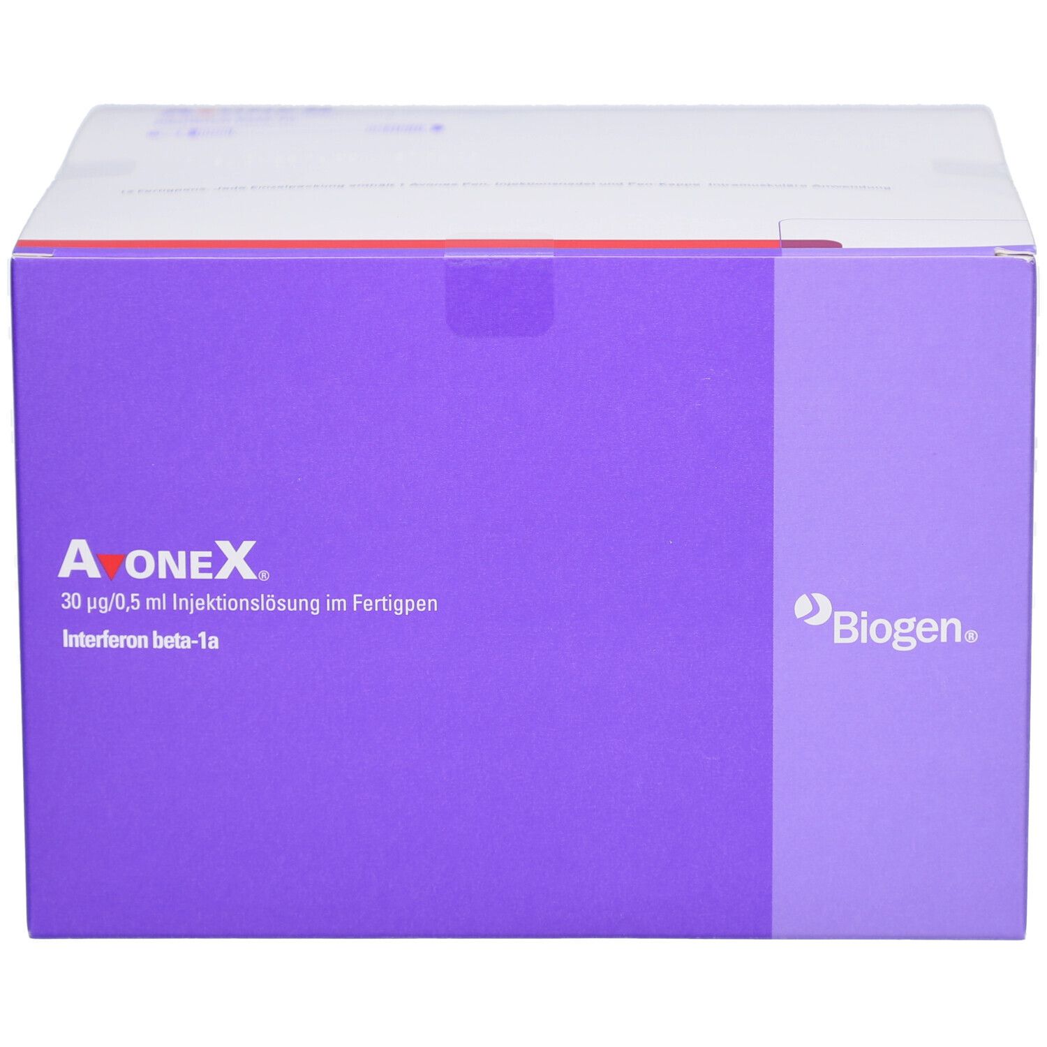 Karton mit lila Akzenten. Aufschrift: Avonex, 30 µg/0,5 ml Injektionslösung im Fertigpen. Biogen Logo.