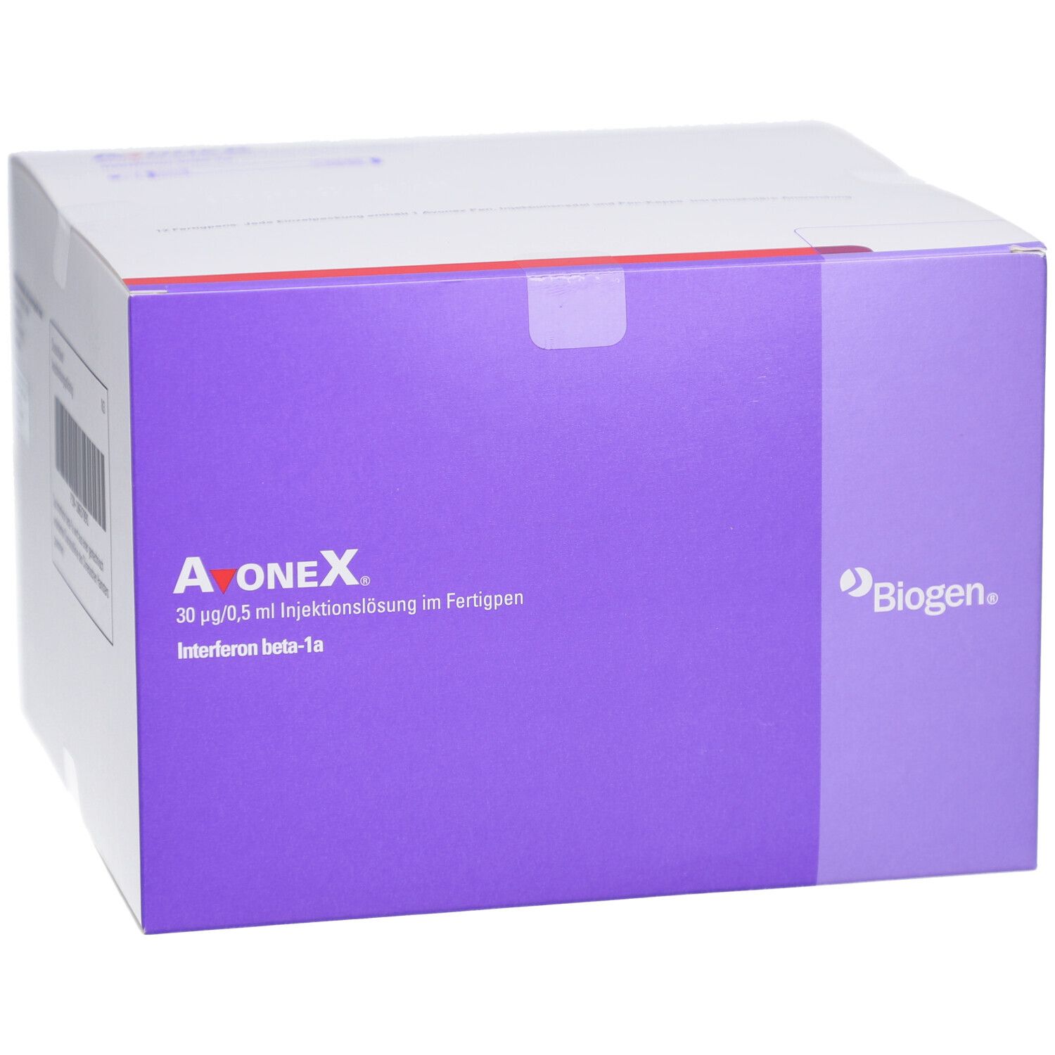 Karton mit lila Akzenten. Aufschrift: Avonex, 30 µg/0,5 ml Injektionslösung im Fertigpen. Biogen Logo.
