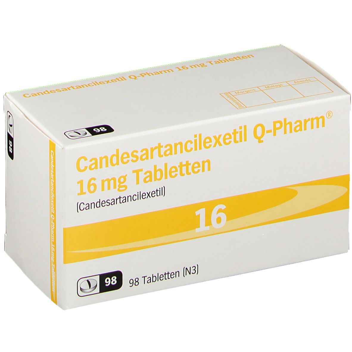 Weiße Schachtel mit gelben Akzenten. Aufschrift: Candesartancilexetil Q-Pharm 16 mg Tabletten. Enthält 98 Tabletten.