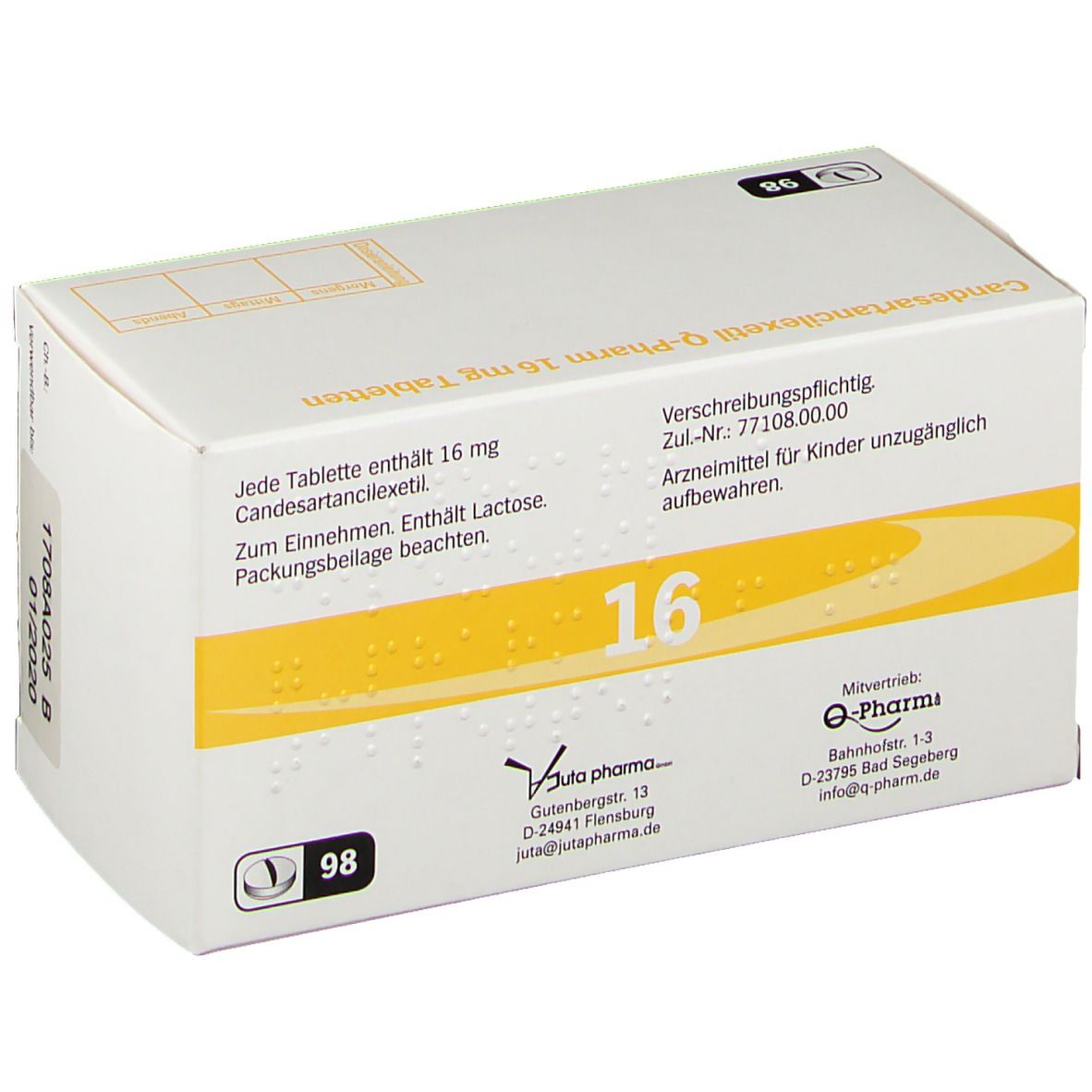 Weiße Schachtel mit gelben Akzenten. Aufschrift: Candesartancilexetil Q-Pharm 16 mg Tabletten. Enthält 98 Tabletten. Rückseite mit Text.