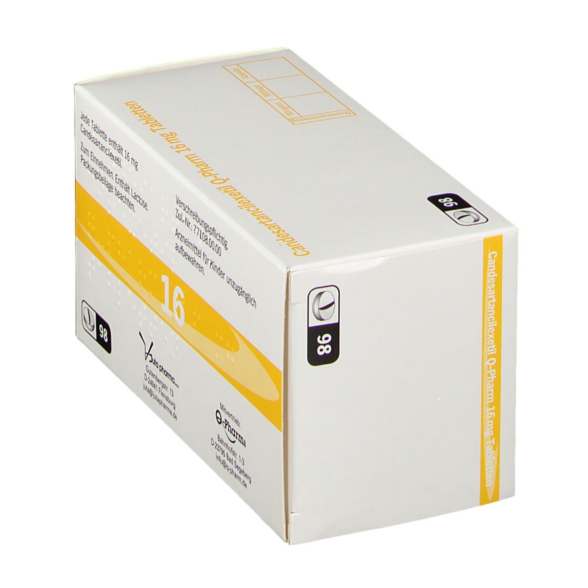 Schachtel mit gelben Akzenten. Aufschrift: Candesartancilexetil Q-Pharm 16 mg Tabletten. Enthält 98 Tabletten. Schräge Ansicht.