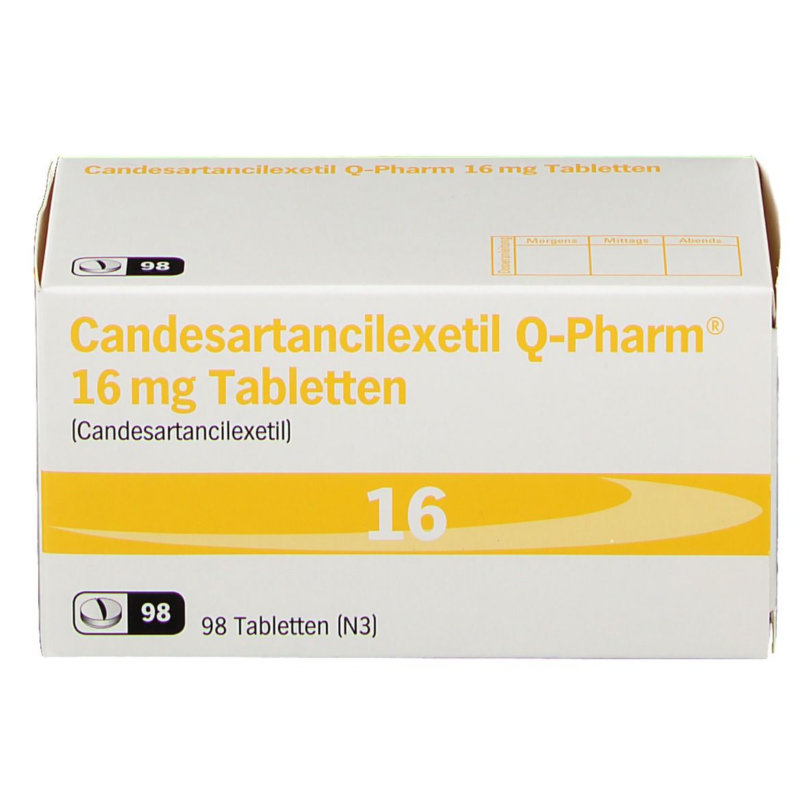 Weiße Schachtel mit gelben Akzenten. Aufschrift: Candesartancilexetil Q-Pharm 16 mg Tabletten. Enthält 98 Tabletten.