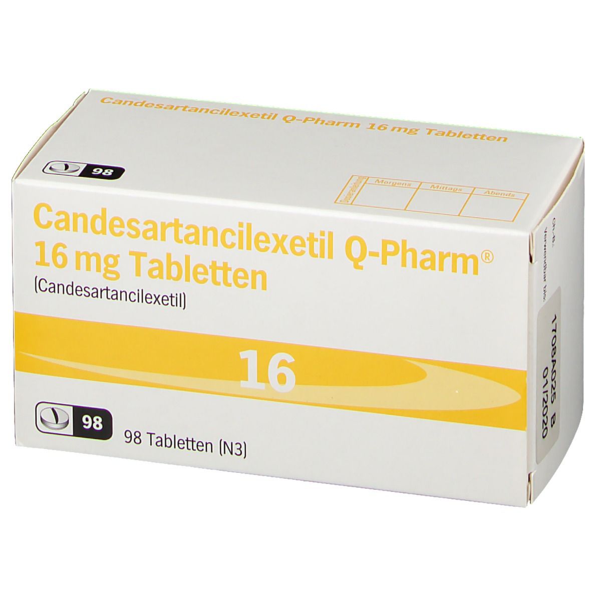 Weiße Schachtel mit gelben Akzenten. Aufschrift: Candesartancilexetil Q-Pharm 16 mg Tabletten. Enthält 98 Tabletten. Mit Datum.