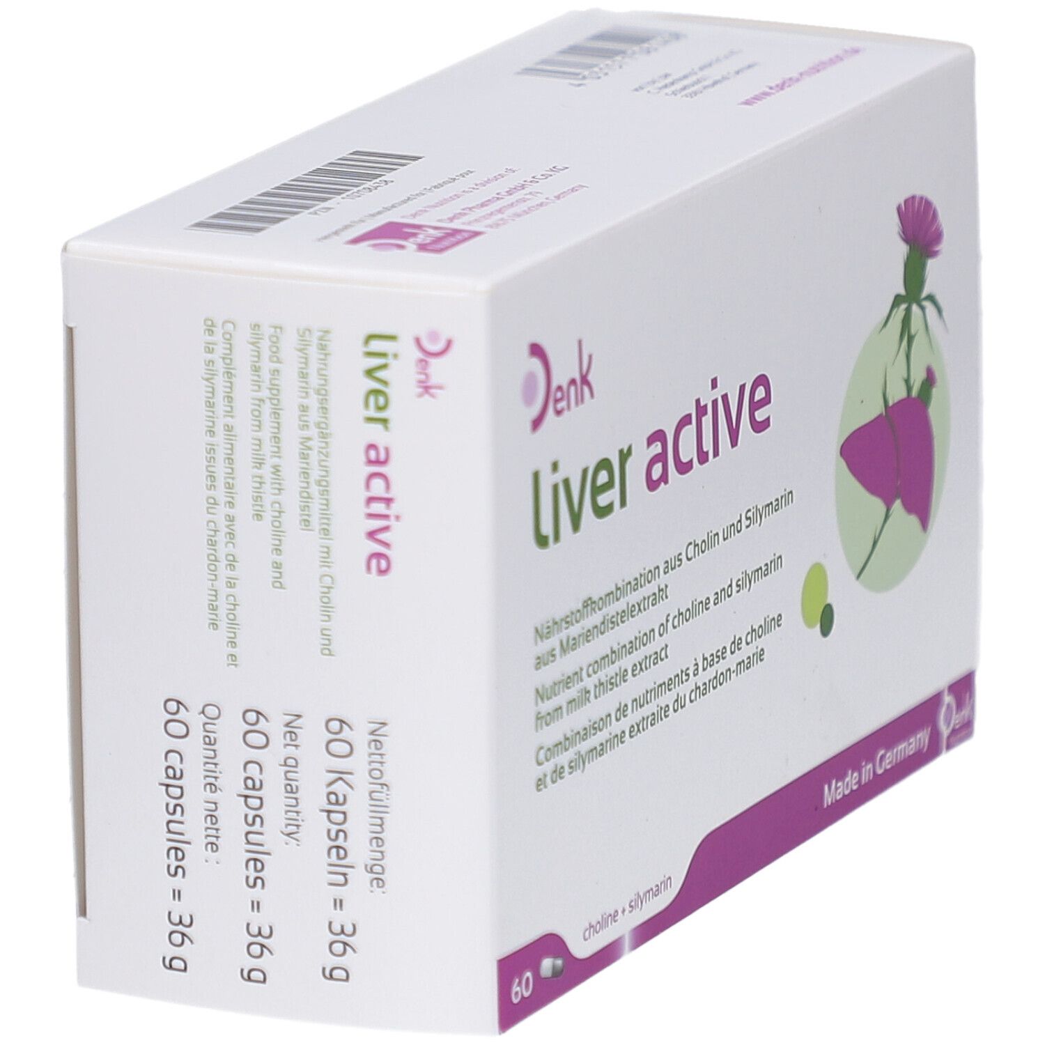Schachtel "Liver active" mit 60 Kapseln. Aufdruck: Cholin + Silymarin. Text in Deutsch, Englisch, Französisch. Mit Mariendistel-Illustration.