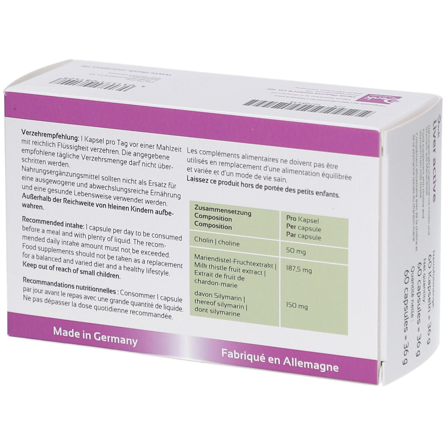 Rückseite der "Liver active" Schachtel. Enthält Informationen zur Zusammensetzung und Verzehrempfehlung. Hergestellt in Deutschland.