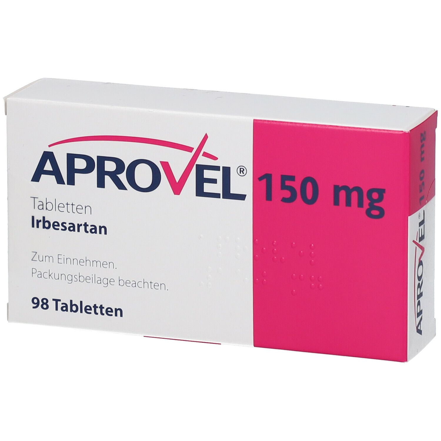 Aprovel 150 mg Tabletten-Packung. Weiß-rosa Schachtel mit Aufschrift Aprovel, 150 mg, Tabletten, Irbesartan, 98 Tabletten.