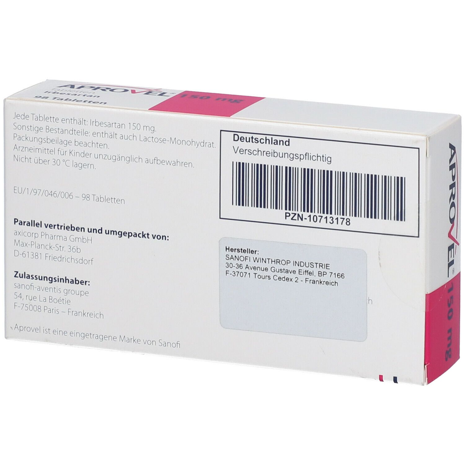 Rückseite der Aprovel 150 mg Tabletten-Packung. Enthält Informationen zu Inhaltsstoffen, Hersteller, PZN-Nummer und Barcode.