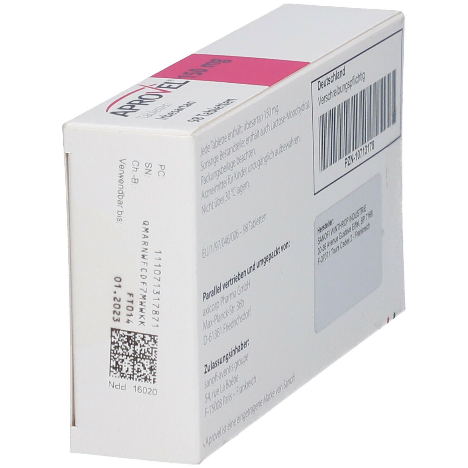 Aprovel 150 mg Tabletten-Packung. Seitenansicht der Packung mit Informationen und Barcode. Verfallsdatum 01.2023.