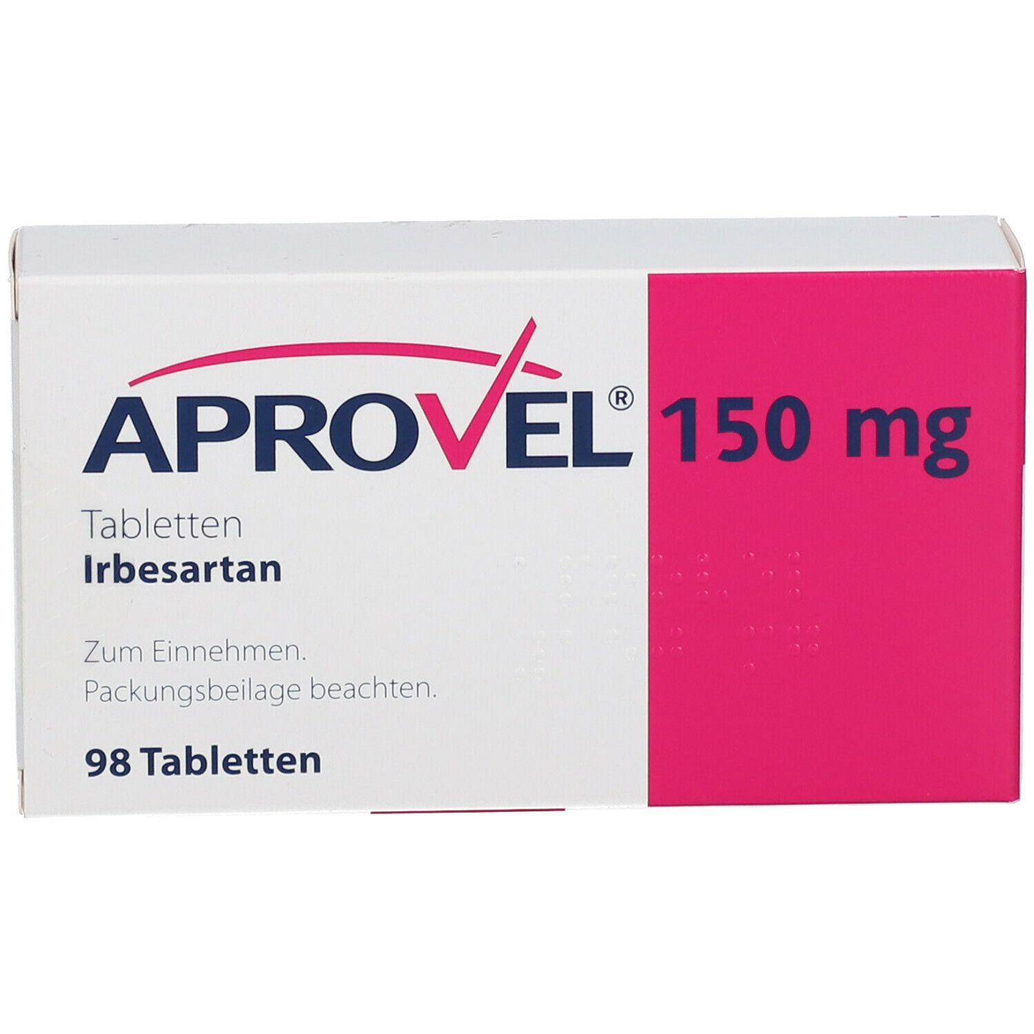 Aprovel 150 mg Tabletten-Packung. Weiß-rosa Schachtel mit Aufschrift Aprovel, 150 mg, Tabletten, Irbesartan, 98 Tabletten.