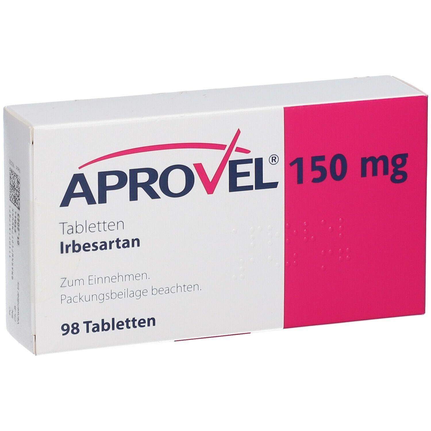 Aprovel 150 mg Tabletten-Packung. Weiß-rosa Schachtel mit Aufschrift Aprovel, 150 mg, Tabletten, Irbesartan, 98 Tabletten.