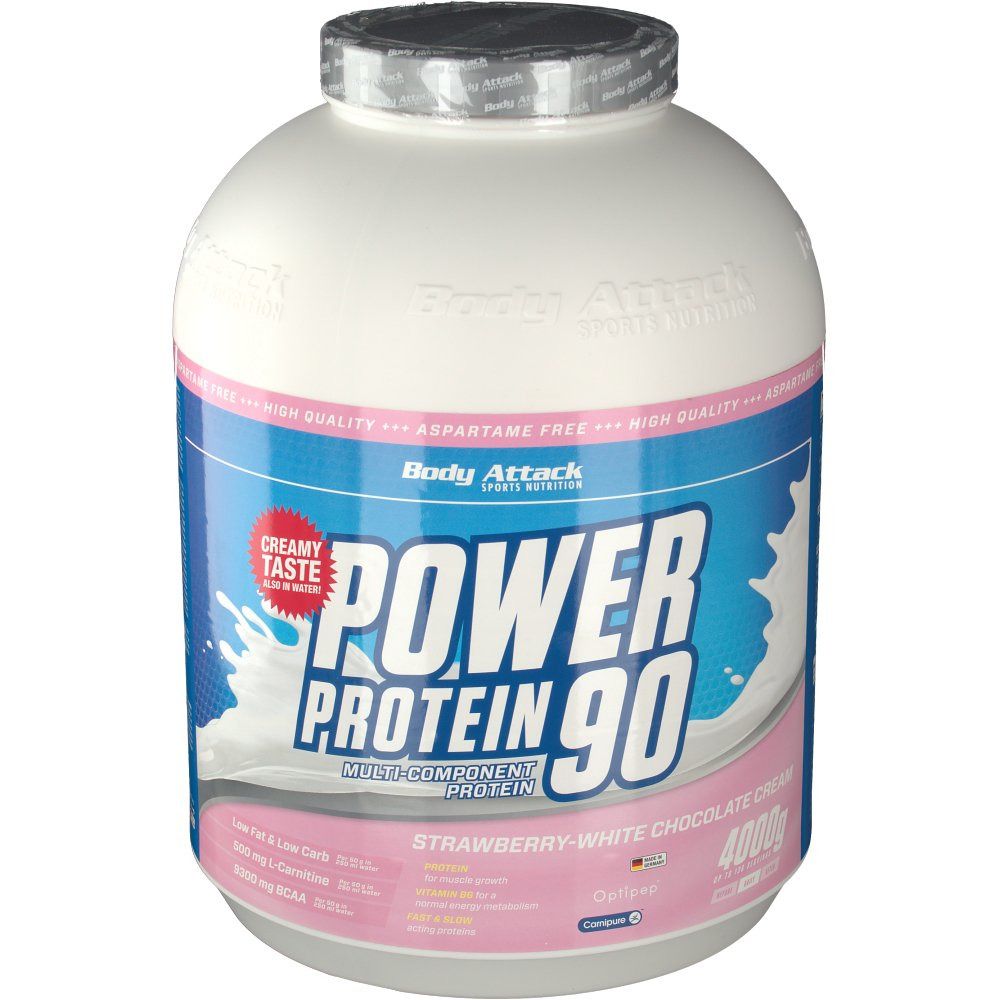 Weißer Behälter mit blauem Etikett. Aufschrift: Power Protein 90, Erdbeer-weiße Schokoladencreme. 4000g. Deckel mit silberner Folie.