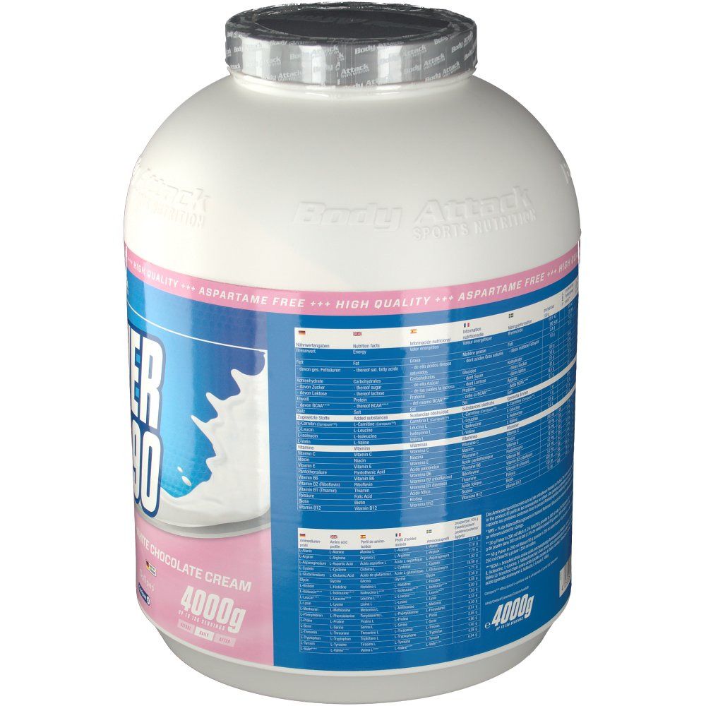 Weißer Behälter, blaue Etiketten mit Nährwertangaben. Aufschrift: Power Protein 90, Erdbeer-weiße Schokoladencreme. 4000g. Silberner Deckel.