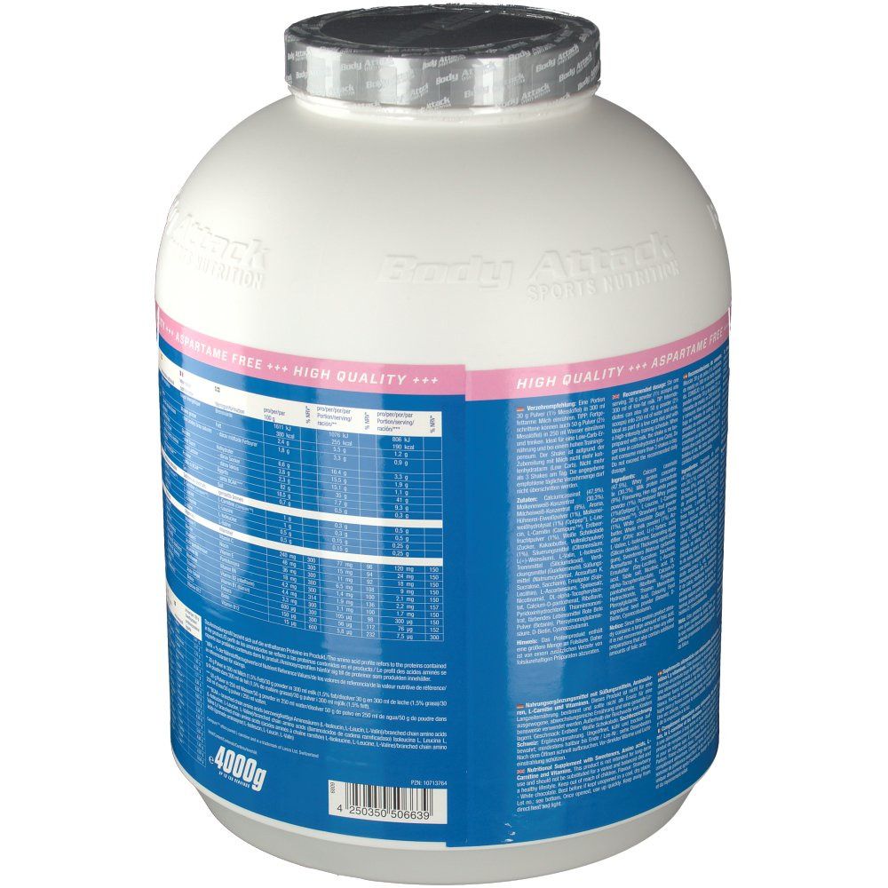 Weißer Behälter mit blauem Etikett. Nährwertangaben und Zutatenliste. Aufschrift: Power Protein 90, 4000g. Silberner Deckel.