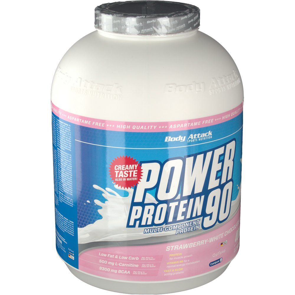 Weißer Behälter mit blauem Etikett. Aufschrift: Power Protein 90, Erdbeer-weiße Schokoladencreme. 4000g. Silberner Deckel. Cremiger Geschmack.