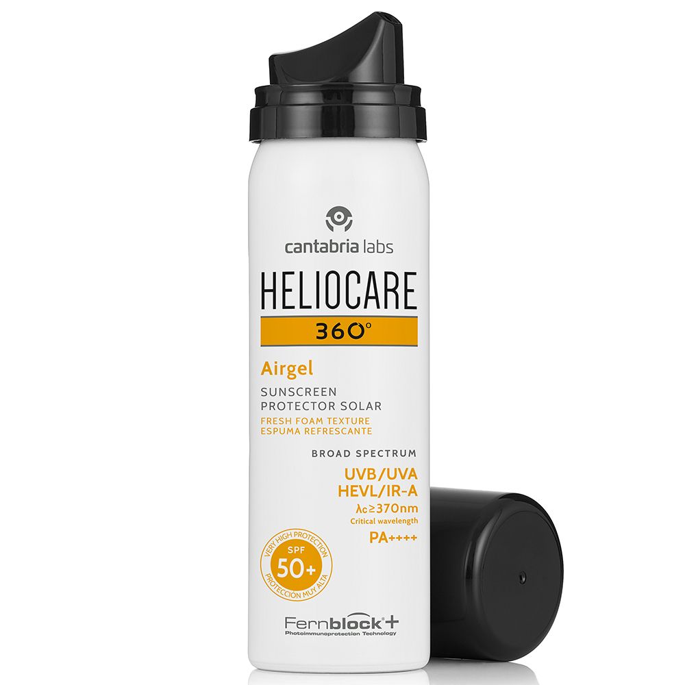 Weißes HELIOCARE 360° Airgel mit schwarzem Deckel. Gelbe Akzente und SPF 50-Logo. Deckel liegt daneben.