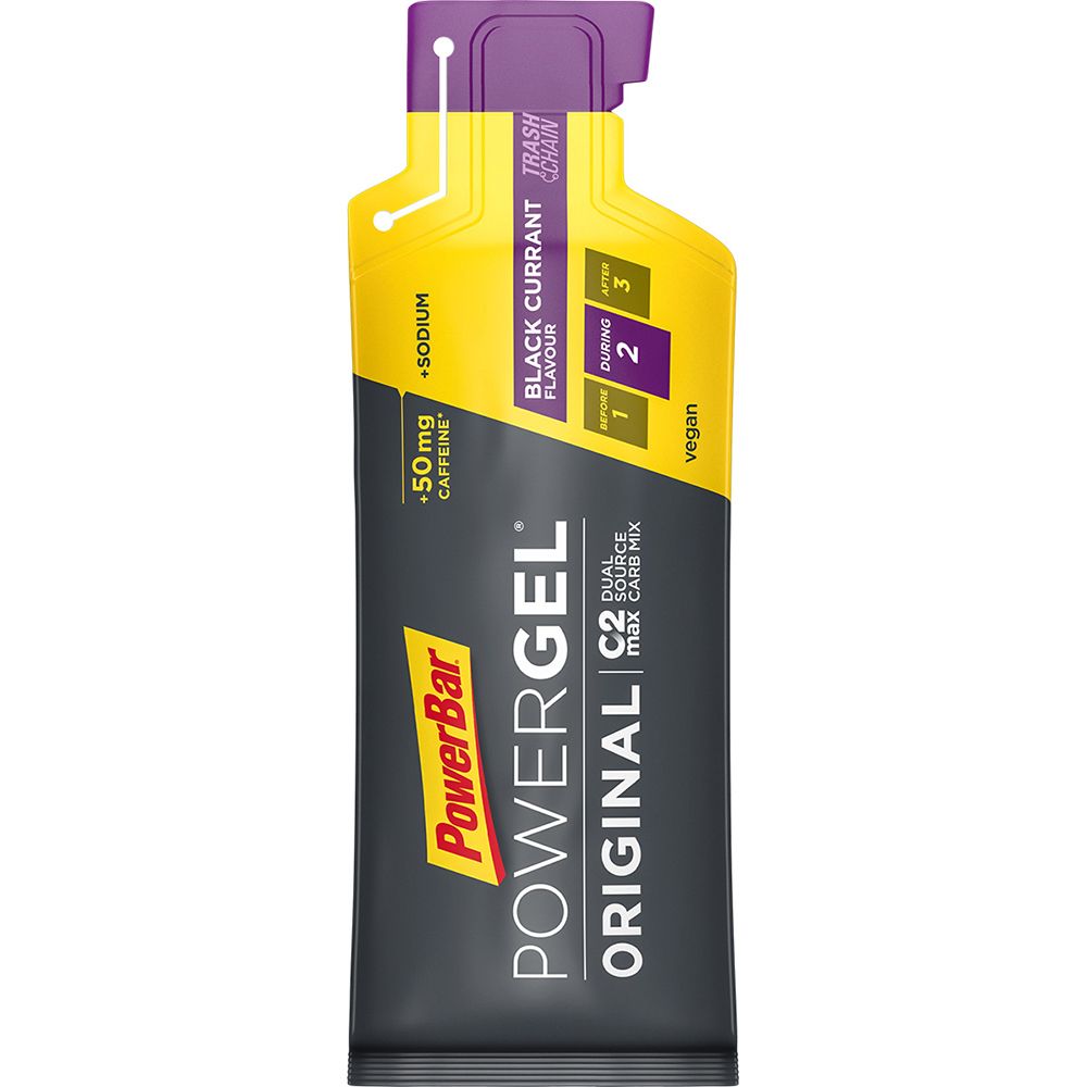 PowerBar PowerGel Original, schwarze Johannisbeere. Gel-Packung mit Aufdrucken. Enthält Koffein und Natrium. Vegan.