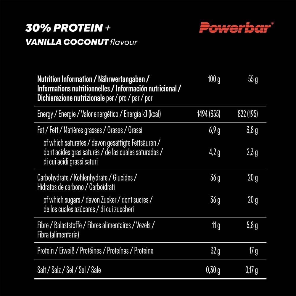Nährwertangaben für PowerBar 30% Protein Plus Vanilla Coconut. Schwarzer Hintergrund mit weißen Text.