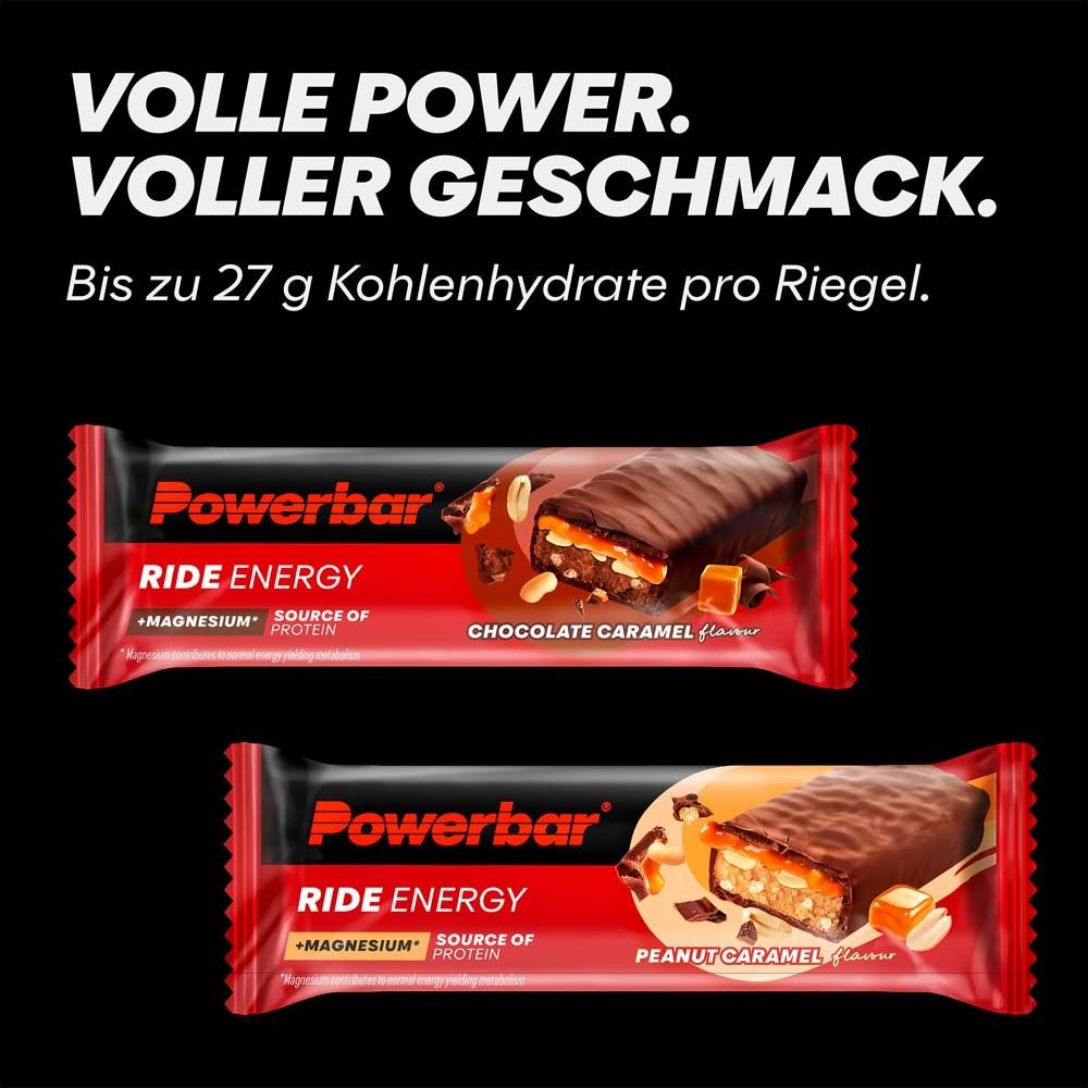 Zwei PowerBar Ride Energy Riegel. Chocolate Caramel und Peanut Caramel. Bis zu 27g Kohlenhydrate pro Riegel. Schwarzer Hintergrund.
